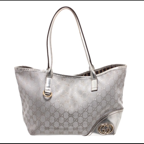 Gucci Metallic Silver GG Canvas Leather Trim Tote - Picture 1 of 8